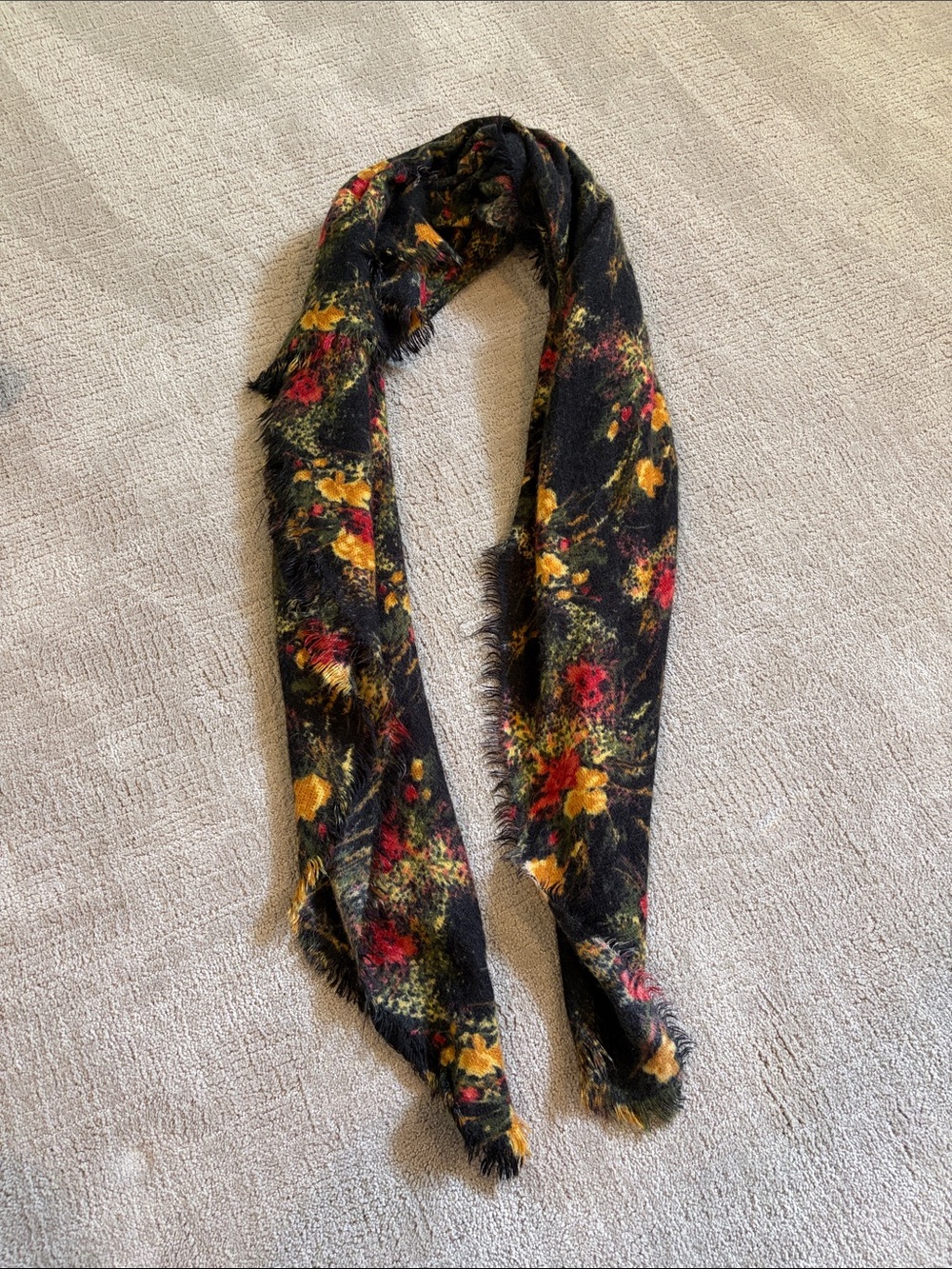 Anthropologie Black Floral Fringe Scarf with Red and Yellow Blooms
